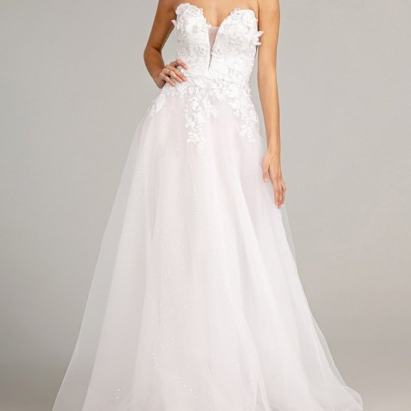 3-D Flower Embellished Mesh Wedding Gown Rhinestone Glitter Embellished GL3010